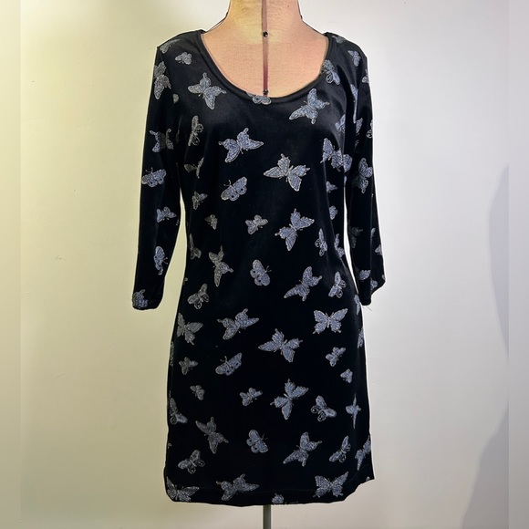 Vintage 90s Velvet Butterfly Print Dress by Melinda Women’s Size M - Picture 2 of 13